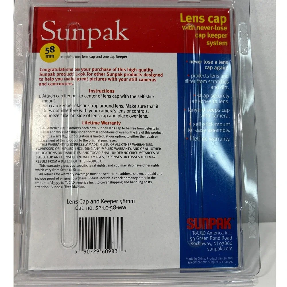 Sunpak 58mm Lens Cap with Never Lose‎ Keeper System Protects Lens and Filter